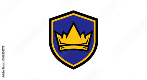 Golden crown emblem on a royal blue shield symbolizing power and authority.