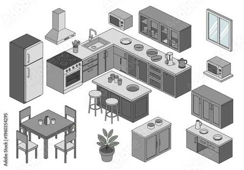 Isometric kitchen furniture and appliances with a minimalist gray scale design