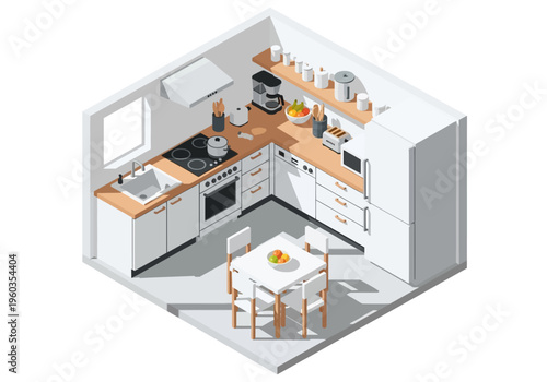 Isometric kitchen setup with modern appliances, dining table, and window view of a sunny day
