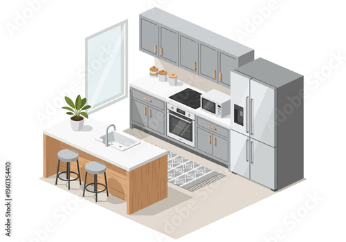Modern Kitchen Interior Isometric View with Island, Appliances, and Cabinets
