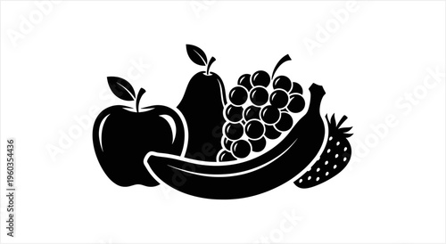 Assortment of fresh fruits in a striking black and white silhouette.
