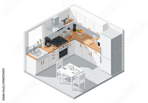 Isometric view of a modern white kitchen with dining area and appliances
