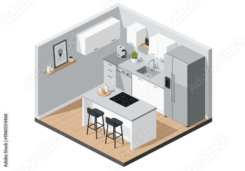 Isometric view of a modern, well-equipped kitchen with a central island and appliances