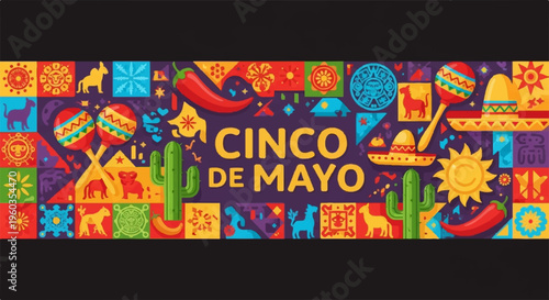 Vibrant cinco de mayo celebration banner with colorful mexican symbols and patterns on dark background