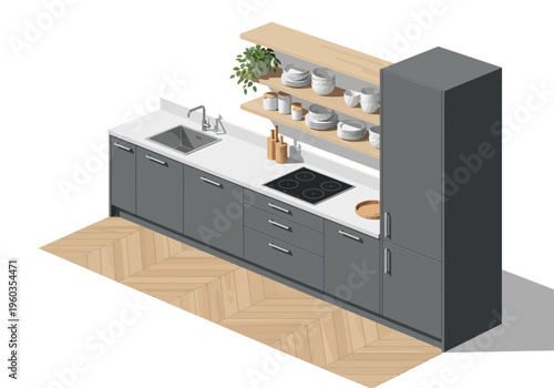 Modern Isometric Kitchen Interior Design Featuring Sleek Gray Cabinetry and Wooden Flooring
