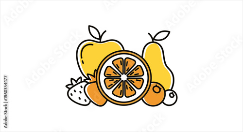 Colorful assortment of fresh healthy fruits line art illustration.