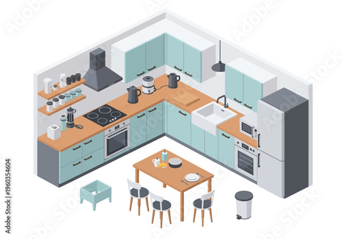 Isometric kitchen interior with modern cabinets, appliances, and dining table in a bright room