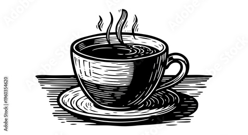 Hand drawn illustration of a steaming cup of coffee on a saucer, vintage woodcut style, black and white sketch
