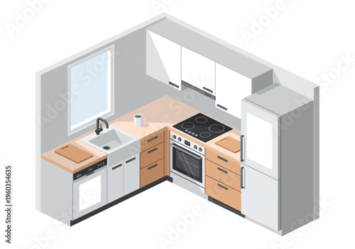 Isometric illustration of a modern L-shaped kitchen featuring appliances and cabinetry