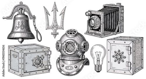 Set of vintage objects ship bell, trident, old camera, safe, diving helmet and light bulb