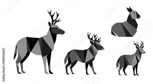 Set of geometric deer silhouettes, low poly style vector illustration of stags and doe, modern minimalist wildlife design elements for logos, icons, and graphic projects