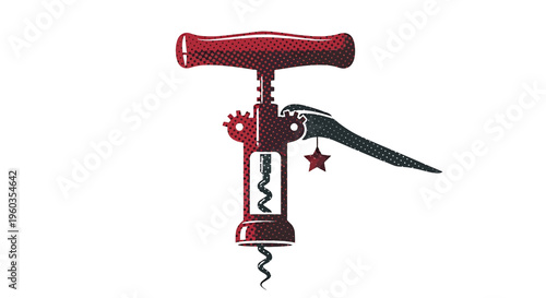 Vintage style wine corkscrew opener, vector illustration of a classic mechanical corkscrew with a decorative star charm