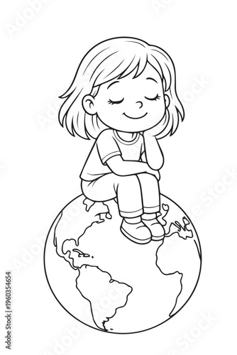 A cute vector of a young girl sitting on a globe, expressing care for the planet, featuring simple forms and a playful design to highlight education and environmental responsibility.