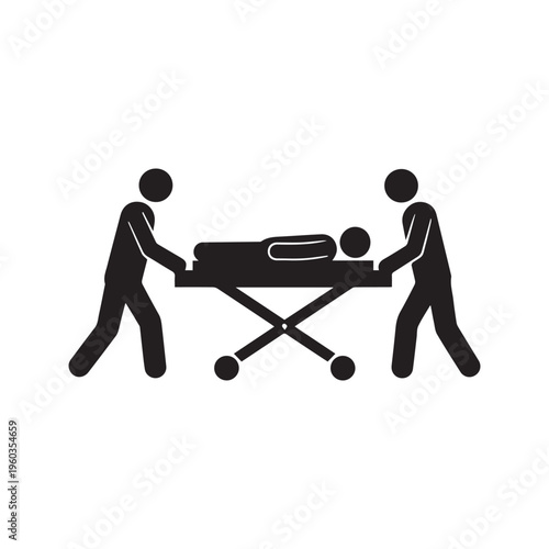 Medical staff moving a sick patient on a stretcher gurney silhouette vector icon
