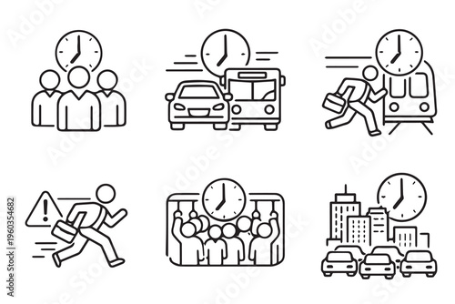 A minimalist vector collection of six rush hour icons featuring heavy traffic, packed public transport, and people running, expressing daily work commute and urban activity.