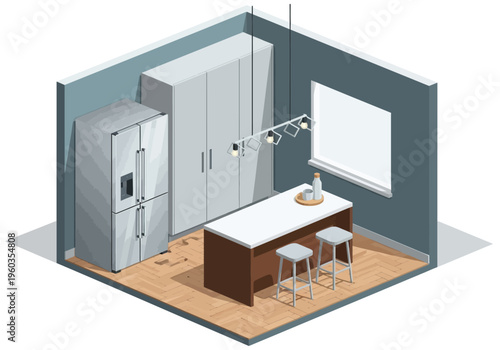 Modern kitchen with stainless steel appliances, island, and bar stools, isometric view