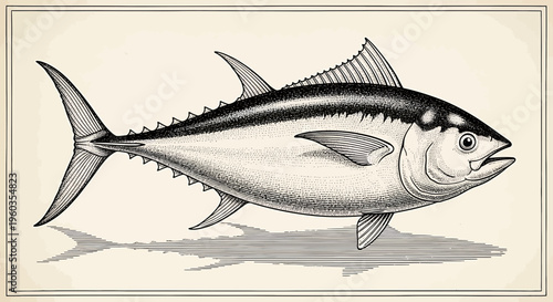 Vintage engraving of a tuna fish, a detailed illustration of a large saltwater fish often used in culinary and marine biology contexts, rendered in a classic black and white etching style