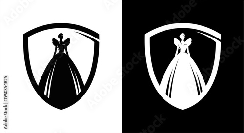 Elegant Wedding Dress Gown Shield Logo Design.