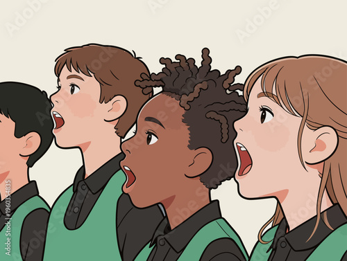 Children sing together during a music class in a school setting with focus on their expressions and teamwork