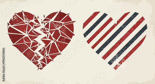 Two stylized hearts, one shattered into geometric fragments and one with striped pattern, vintage grunge texture, vector illustration