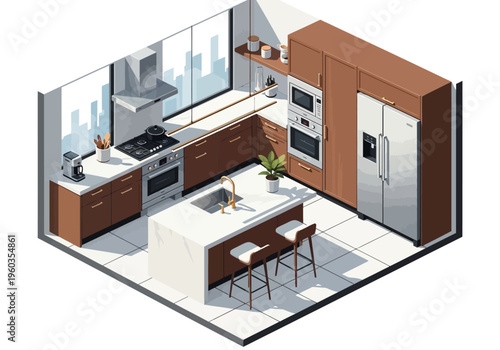 Modern kitchen interior design with island and bar stools, showcasing appliances and city view