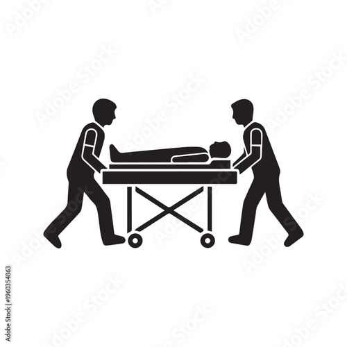 Medical staff moving a sick patient on a stretcher gurney silhouette vector icon
