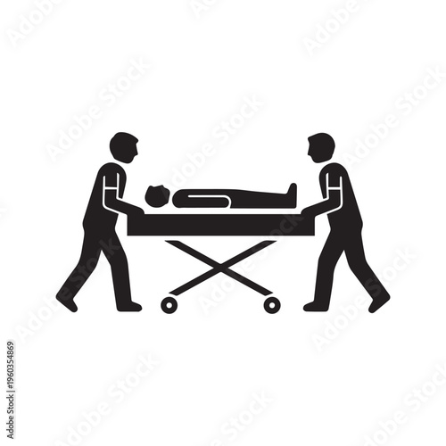 Medical staff moving a sick patient on a stretcher gurney silhouette vector icon
