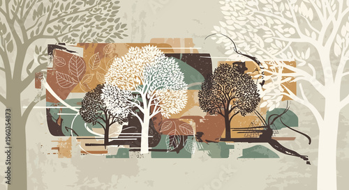 Abstract landscape with stylized trees, foliage, and geometric shapes in a modern artistic style with a muted earthtone color palette, textured background, and decorative botanical elements
