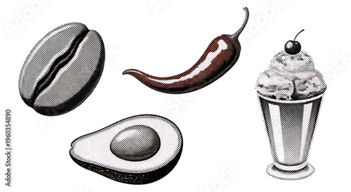 Set of vintage style hand drawn food illustrations including coffee bean, chili pepper, avocado half and ice cream sundae in a glass cup