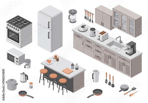 Isometric kitchen appliances and cabinetry with utensils and cooking equipment laid out