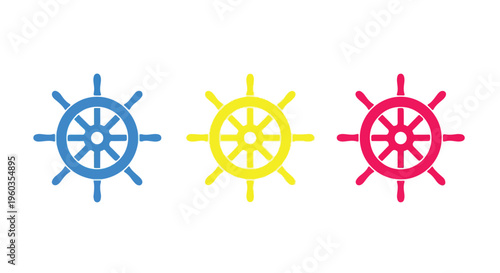 Three colorful ship steering wheels in blue, yellow, and red arranged in a row on a white background