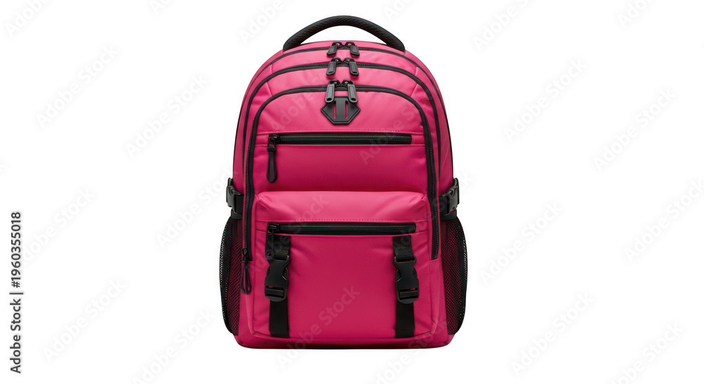 Fototapeta premium A vibrant pink backpack with a main compartment and two side pockets isolated on transparent background
