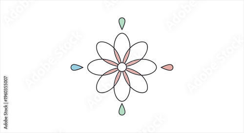 Simple floral design with delicate petals and colorful teardrop accents.