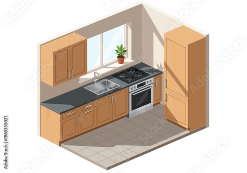 Modern kitchen interior with appliances and cabinetry in a cozy, sunlit room