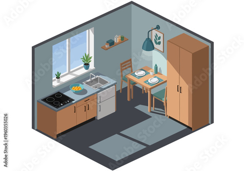 Cozy isometric kitchen illustration with dining table and cabinets