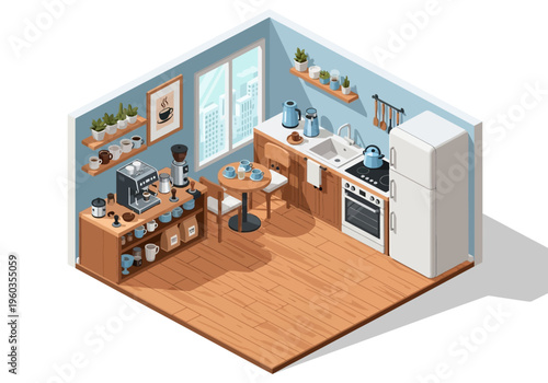 Cozy isometric kitchen illustration featuring coffee station, appliances, and dining area