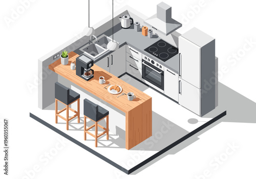 Isometric view of a modern kitchen with breakfast bar and coffee machine