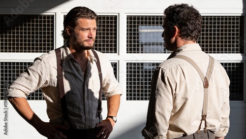 Two men in suspenders talking outdoors, dramatic sunlight and shadows
