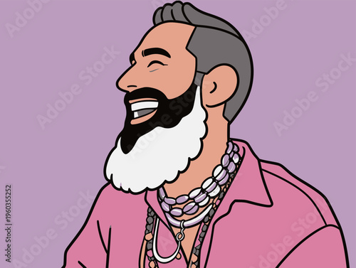 Laughter and joy shared by a man with a beard and jewelry against a light purple background during a cheerful moment