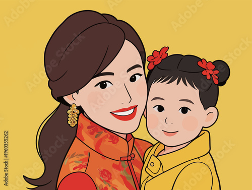 Mother and daughter share a joyful moment wearing bright traditional clothing during a festive celebration