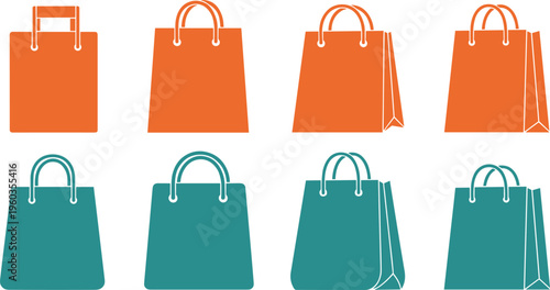 Vector illustration of multiple shopping bags in orange and teal colors, showcasing retail packaging design, branding, product evolution, consumer lifestyle, marketing visuals