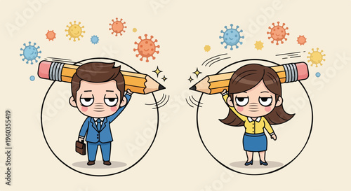 Cartoon illustration of a stressed businessman and woman with pencils over their heads, surrounded by colorful germs and viruses in a beige background.