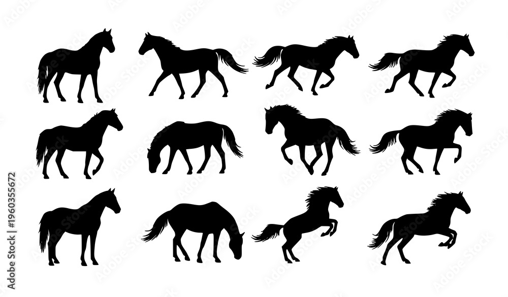 Naklejka premium Minimal horse silhouette icon set flat vector poses isolated on white