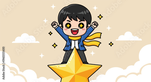 A cheerful cartoon boy with a yellow cape standing triumphantly on a star amidst clouds and sparkles in a vibrant, whimsical scene.