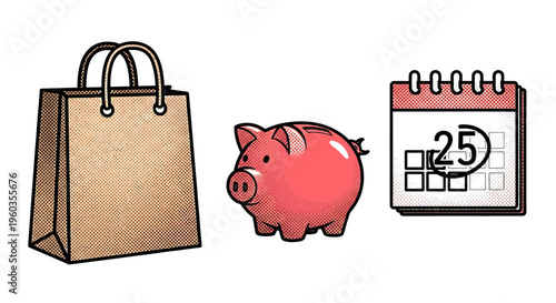 Shopping bag, piggy bank and calendar with marked date 25, concept of budget planning for shopping, sales, holiday gifts and savings