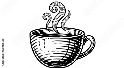 Vintage engraved style illustration of a steaming cup of coffee or tea