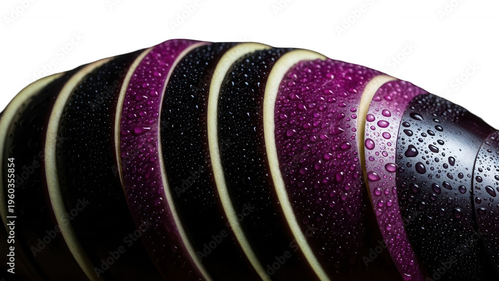 Fototapeta premium Sliced Eggplant Displaying Vibrant Purple Hues And Glistening Water Droplets On Black Backdrop