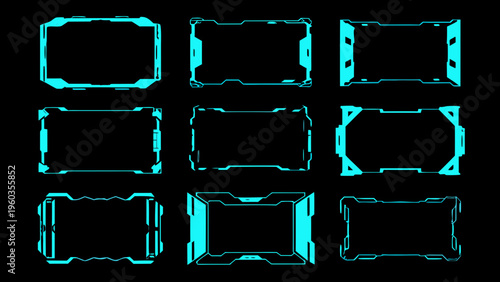 Futuristic cyan frames and borders arranged in a grid pattern on black