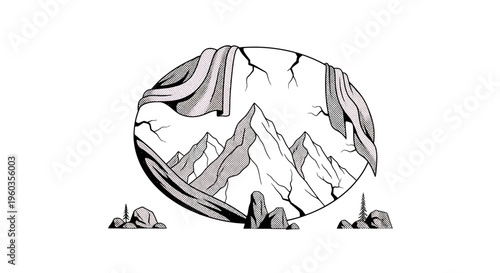 Handdrawn illustration of a mountain range inside a cracked oval frame with draped fabric, minimalist line art style, black and white vector graphic