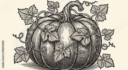 Vintage engraving style illustration of a large pumpkin with vines and leaves, detailed black and white line art drawing of a harvest vegetable